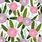 Seamless pattern with pink and purple camellia flowers, rosemary and protea leaves. Decorative holiday floral background.
