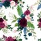 Seamless pattern with pink red burgundy marsala Navy Blue flowers and leaves floral  feathers pattern for wallpaper