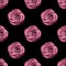 Seamless pattern of pink rose flower on black background isolated close up, burgundy roses repeating ornament, red flowers print