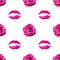 Seamless pattern of pink rose flower and lipstick kiss print on white background isolated, roses flowers and lips makeup stamp