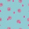 Seamless pattern pink rose flower, rain drop on blue, vector