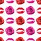 Seamless pattern pink rose flower and red lipstick kiss print on white background isolated, roses flowers and lips makeup stamp