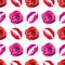 Seamless pattern pink rose flower and red lipstick kiss print on white background isolated, roses flowers and lips makeup stamp