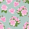 Seamless pattern with pink roses, green leaves and buds on blue background. Vector illustration of beautiful flowers