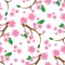 Seamless pattern of pink sakura flowers. Pattern of branch japanese cherry on white background. Flat cartoon style
