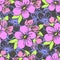 seamless pattern of pink silhouettes and blue contours of flowers on a gray background
