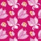 A seamless pattern of pink simple flowers and butterfly mice on a crimson background. Cute watercolor illustration.