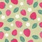 Seamless pattern. Pink strawberry juicy fruits leaves and flowers on shabby background.