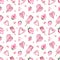 Seamless pattern with pink sweets, ice cream, heart-shaped strawberry, marshmallow.