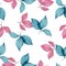 Seamless pattern with pink and teal blue leaves, watercolor botanic illustration for wrapping, backgrounds or wallpaper