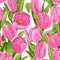 Seamless pattern of pink tulips realistic