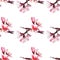 Seamless pattern with pink watercolor almond flowers. White background.