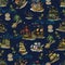 Seamless pattern with pirate adventures concept, old sailboats, anchor, lettering and treasure island on blue