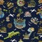 Seamless pattern with pirate adventures concept, treasure islands, old sailing ships, nautical symbols on blue
