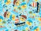 Seamless pattern with pirate cartoon with sailing equipment, island, treasure chest, fish