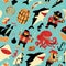 Seamless pattern with pirates and sharks and nautical objects