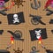 Seamless pattern pirates skull hat gun core ropes flag anchor steering wheel fuses. To print the background on the tissue paper.