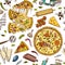 Seamless pattern pizza with cheese. Texture for background. Yummy italian vegetarian food with tomatoes, Seafood and