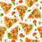 Seamless pattern of pizza, slices of tomatoes, mushrooms and basil on a white