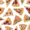 Seamless pattern with pizza slices on white background. Backdrop with delicious Italian meal, appetizing food. Colorful