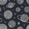 Seamless pattern with planets and other astronomical objects in outer space. Backdrop with planetary bodies hand drawn