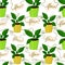 Seamless pattern with plants in flower pots and hand-written word flora