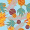 Seamless pattern with plants inspired by tropical botany in vivid colors