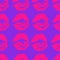 Seamless pattern of plastic pink lipstick kisses prints on proton purple background