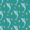 Seamless pattern of playful jumping swordfish in the ocean surrounded by bright corals on a blue background.