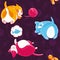 Seamless pattern with playful painted colorful cats dreaming of fish.