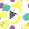 Seamless pattern with plum, apple, pear, banana, melon, grapes - seasonal fruits.