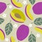 Seamless pattern. Plum juicy fruits leaves and flowers on shabby background.