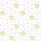 Seamless pattern with plumeria flowers butterflies coconut, straw. Sketch, contour blue gray beige yellow background. simple