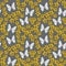 Seamless pattern plumeria flowers butterflies sketch, white gold mustard yellow, black contour on grey background. simple ornament