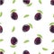 Seamless pattern with plums and green leaves on white background. Vector background. Fresh fruits. Plum pattern. Plum