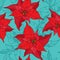 Seamless pattern with Poinsettia flower or Christmas Star in red on the turquoise background. Traditional Christmas symbol.