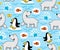 Seamless pattern with polar bear and penguin, igloo, fish