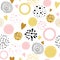 Seamless pattern polka dot abstract ornament decorated golden, pink, black hand drawn round shapes