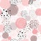 Seamless pattern polka dot abstract ornament decorated pink, black hand drawn round shapes background