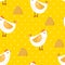 Seamless pattern in polka dot with cartoon chicken and haystack on yellow background. Ornament for textile and wrapping. Vector