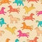 Seamless pattern with polka dot and colorful funny horses