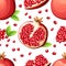 Seamless pattern of pomegranate and fresh seeds of pomegranates. Vector illustration of opened pomegranate. Vector illustration fo