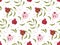 Seamless pattern with pomegranate fruits, leaf branch, seeds. Free hand doodle sketch background. Whole fruit and cut