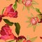 Seamless pattern with pomegranate fruits on orange background. Design for cosmetics, spa, pomegranate juice.