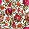 Seamless pattern with pomegranate. Watercolor illustration. Pomegranate fruit on a branch, open pomegranate