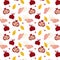 Seamless pattern with pomegranates. Decorative modern aesthetic pattern. Ripe pomegranate and leaves on white background. Design