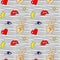 Seamless pattern with pop art stickers with lips, hand, eye, heart, lightning.