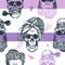 Seamless pattern in pop art style with skeleton womens heads, fashion scarf and hairstyle, against triangle and purple