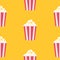 Seamless Pattern Popcorn. Cinema icon. Yellow background. Food texture. Flat design.