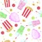 Seamless pattern with popcorn, smoothie and cotton candy. Park food street food. Summer background for banners and